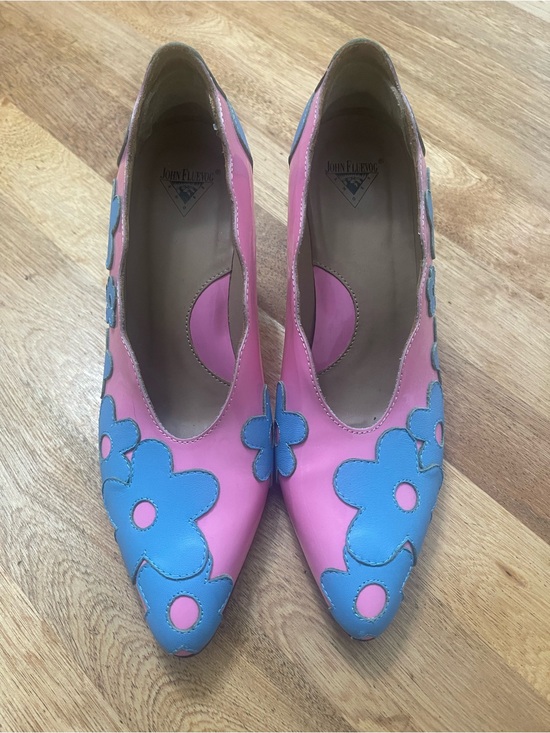 John Fluevog Shoes - John Fluevog Pink Leather Pumps with Blue Floral - Blaise Pump